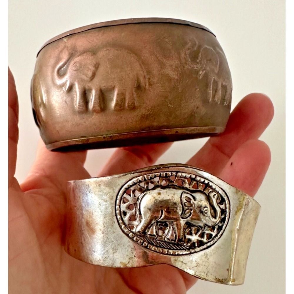 Elephant Bangle Cuff Wide Statement  Bracelet Silver Tone Brass Set of 2 Jungle